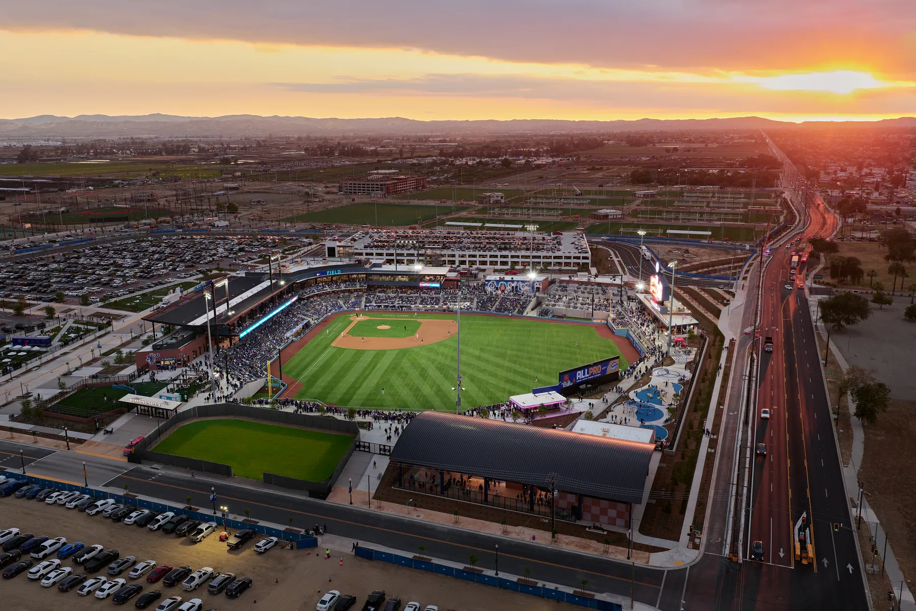 Ontario Ballpark, aerial at dusk